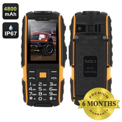 NO.1 A9 GSM Phone – 4800mAh Battery, 2.4 Inch 240x320 Screen, Dual SIM, IP67 Waterproof Rating, FM Radio, Flashlight (Yellow)