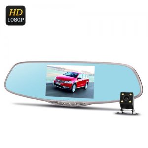 Dual Camera Rear Mirror Car DVR - Full HD, Motion Detection, G-Sensor, Rear Camera, Loop Recording, 5 Inch Screen