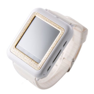 AK09+ Watch Phone with Diamonds Single SIM Card Camera FM Bluetooth 1.6 Inch Touch Screen- White & Golden