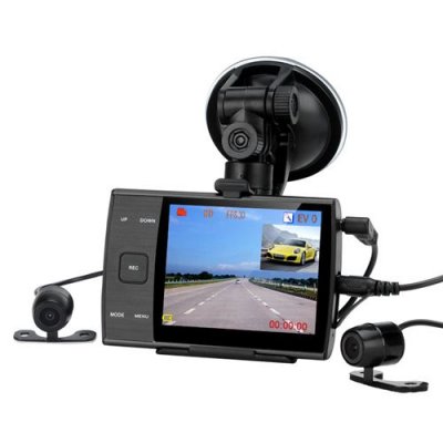 Dual Camera Car DVR - 480P, 3.5 Inch LCD Screen, 1/4 Inch CMOS Sensor, 140 Degree Lens, Motion Detection, Simultaneous Recording