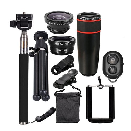 Telescope Telephoto Wide-Angle Macro Fisheye Lens Since The Shaft Tripod 10 in 1 - BLACK